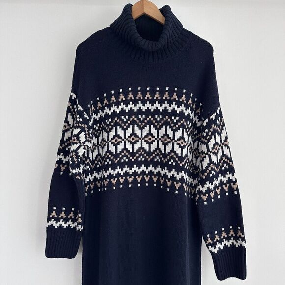 Barbour Dress Womens 10 Wool Fair Isle Patrisse Turtleneck Midi Tuckernuck Navy - Picture 4 of 13